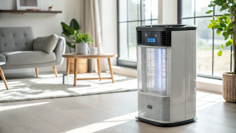 A sleek air purifier in a bright modern living room