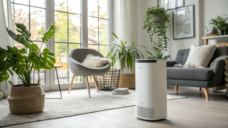 A modern air purifier in a stylish living room with natural light