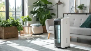 A sleek air purifier in a modern living room