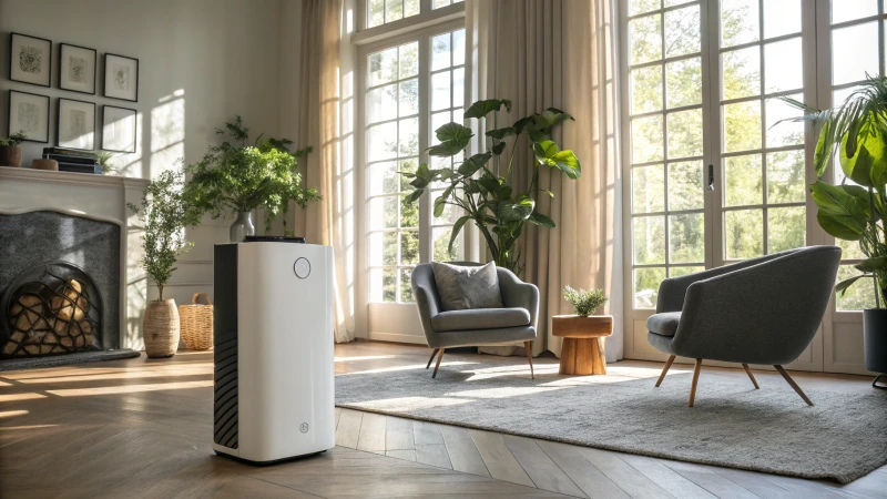 A sleek air purifier in a bright living room with large windows