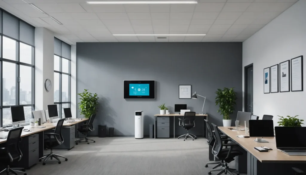 A modern air purifier installed on a wall in a bright, open-plan office.