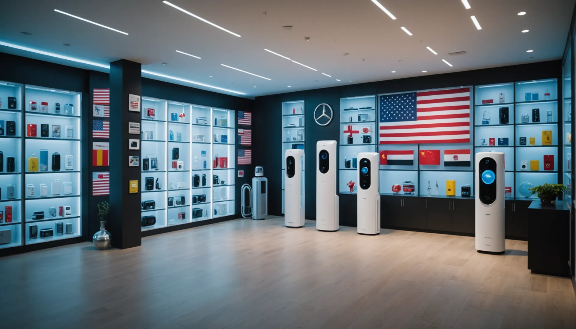 A showroom with air purifiers from USA, China, and Germany.