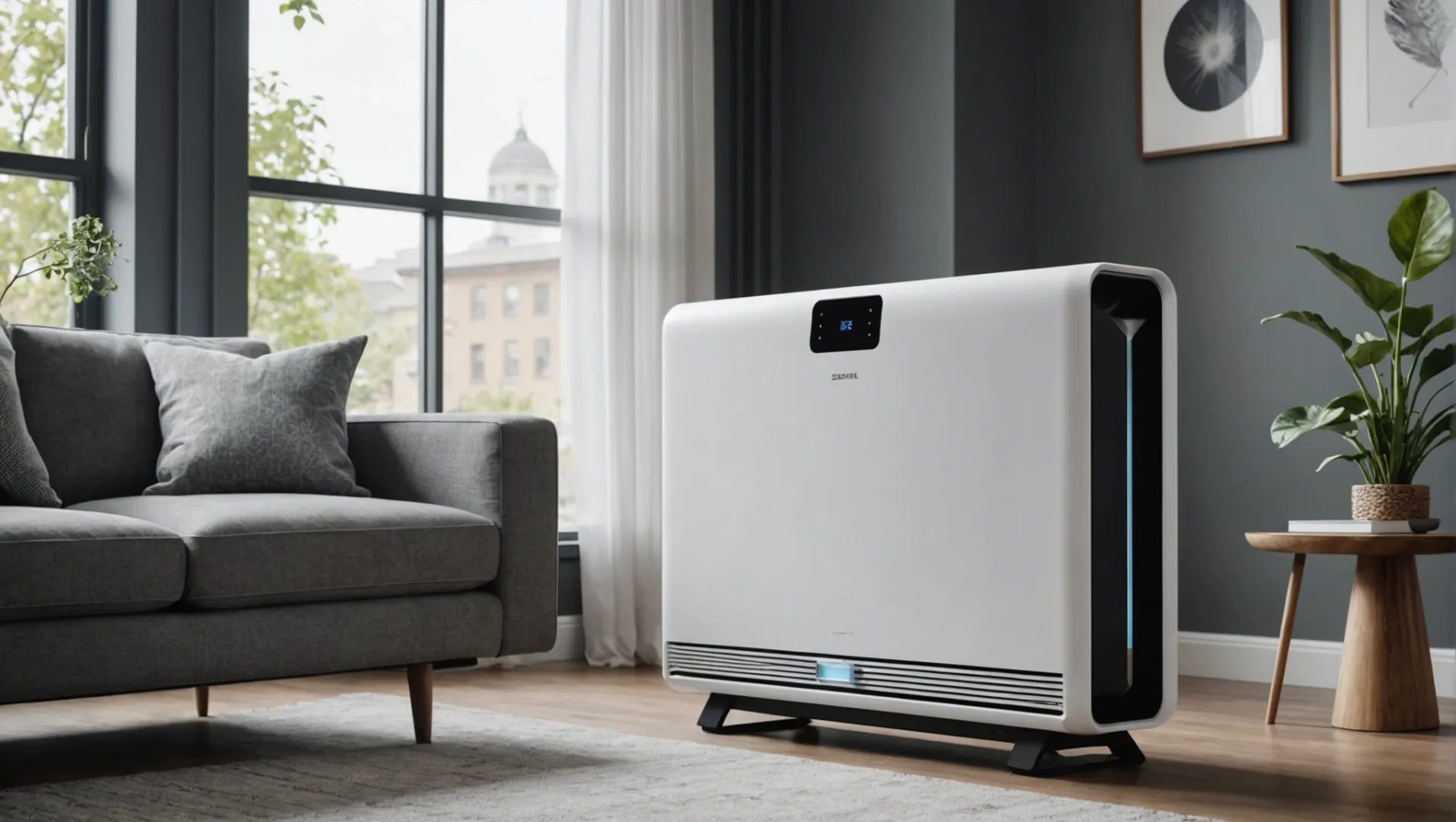 A modern air purifier in a living room setting