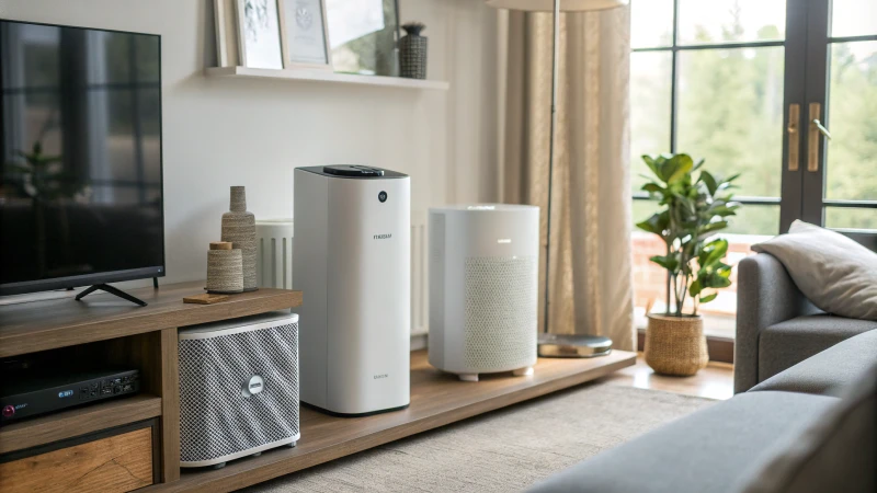 A display of sleek air purifiers in a living room