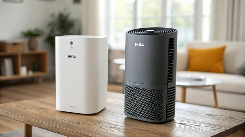 Two air purifiers on a wooden table in a modern setting