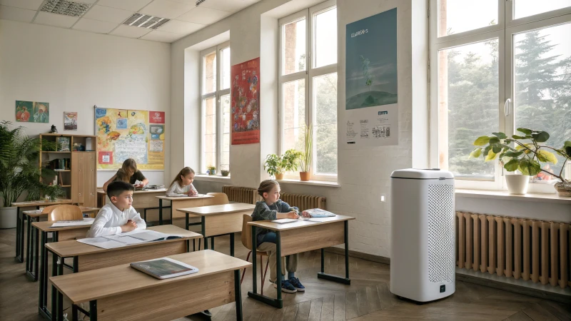 A modern classroom with wooden desks and an air purifier by the window