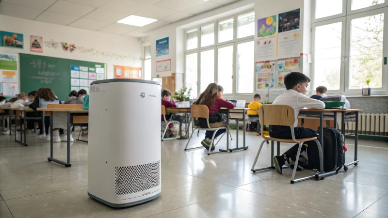 A modern classroom with students and an air purifier