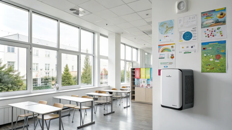 Modernes Klassenzimmer mit Luftreiniger und großen Fenstern