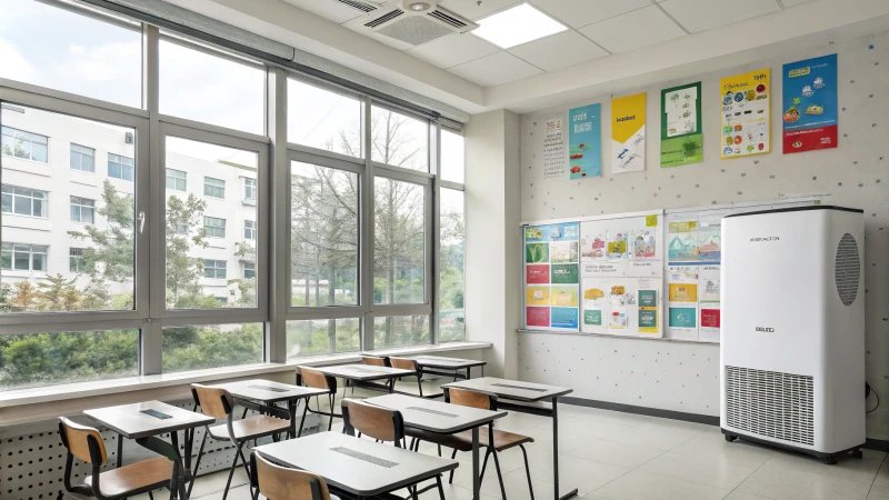 A bright modern classroom with a wall-mounted air purifier and large windows