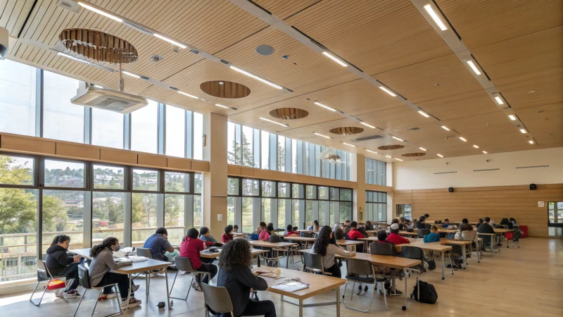 A bright modern classroom with air purifiers and students