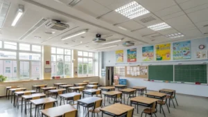 A spacious modern classroom with air purifiers and educational posters.