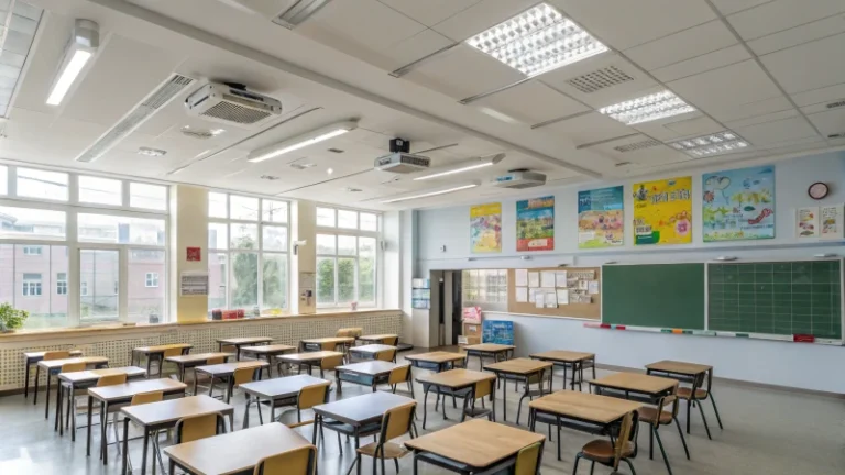 A spacious modern classroom with air purifiers and educational posters.school