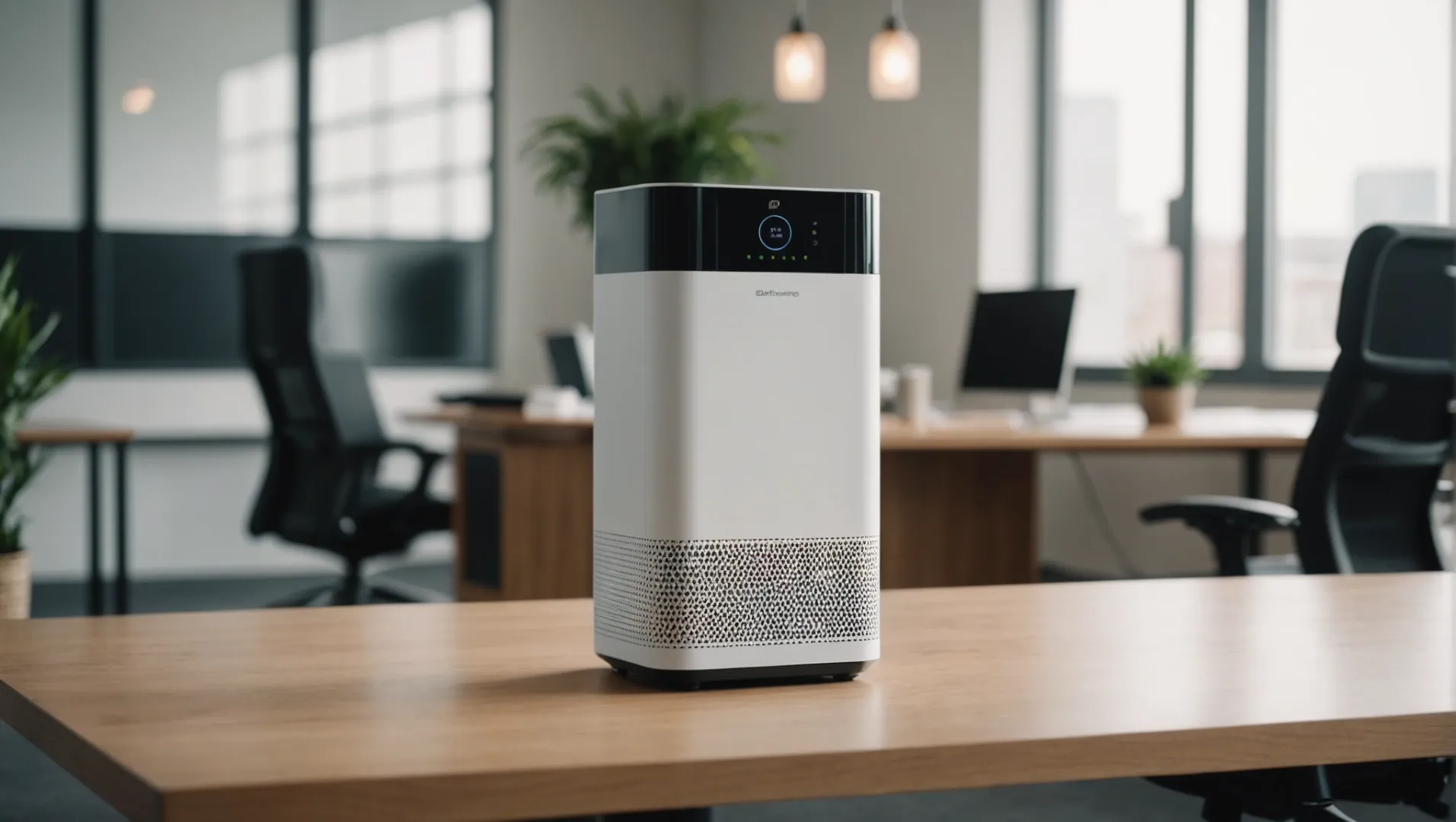 Modern air purifier in a quiet office setting