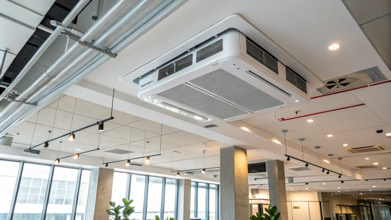 Modern office interior featuring an integrated air purifier and ductwork