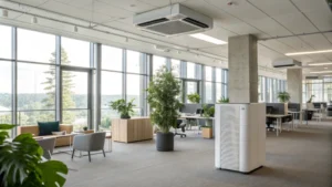 A modern commercial office with large windows and an air purifier