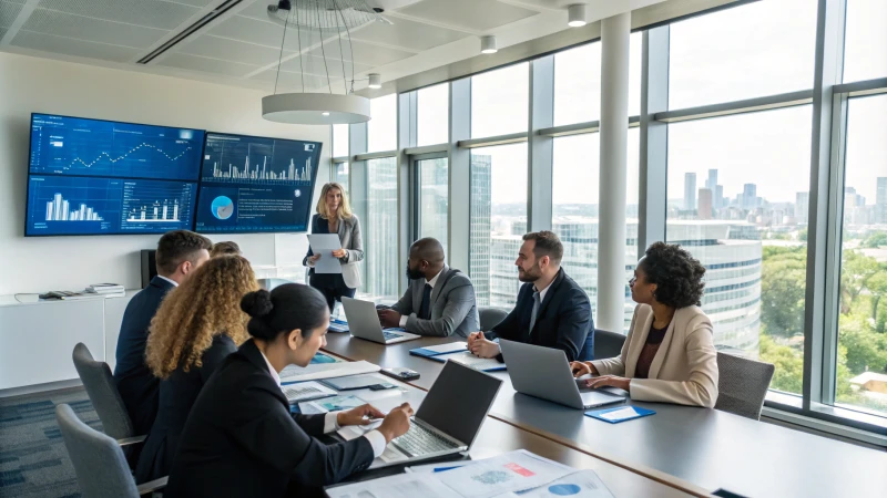 Diverse professionals in a modern conference room discussing collaboration