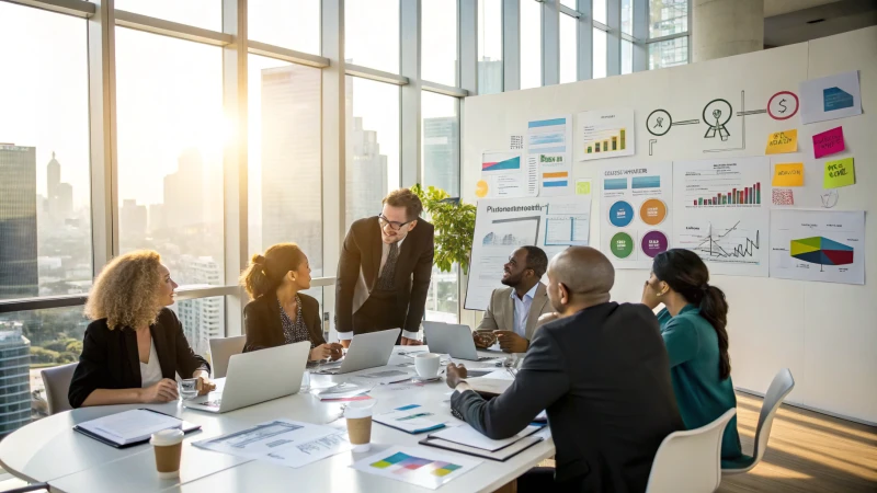 Diverse professionals in a conference room discussing intellectual property strategies