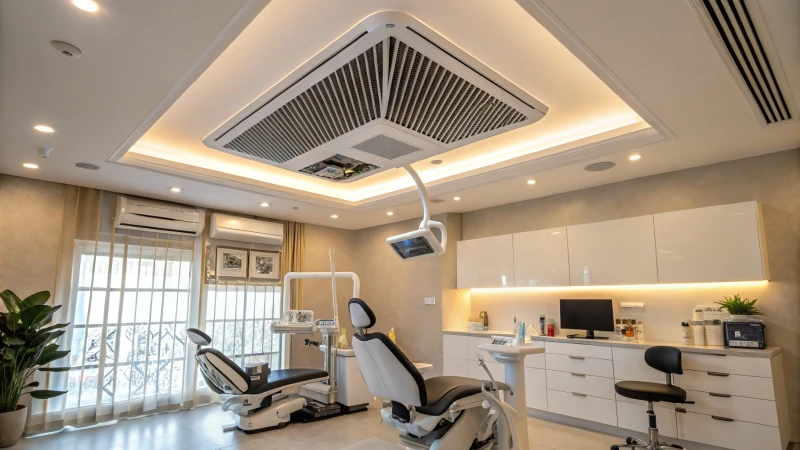 A modern dental office interior showcasing a ceiling-mounted air purifier