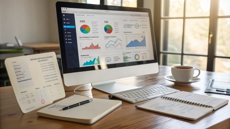 A modern marketing workspace with charts on a monitor