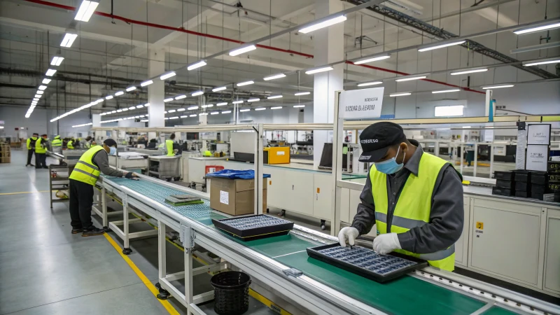 Workers assembling air purifiers in a factory