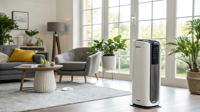 A modern Fellowes air purifier in a stylish living room with natural light