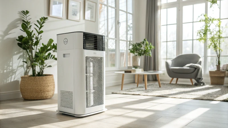 A modern HEPA 14 air purifier in a bright living room