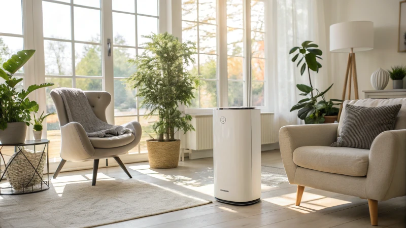 A modern HEPA air purifier in a bright living room with plants