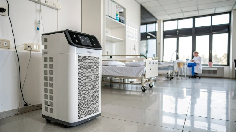 A modern hospital air purifier in a clinical setting