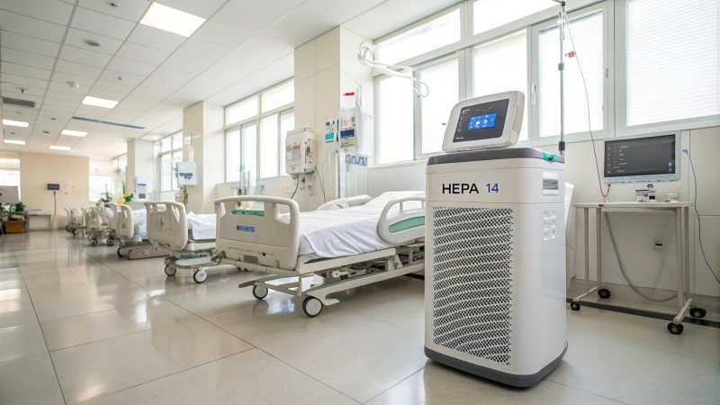 Modern hospital room with air purifier and medical equipment