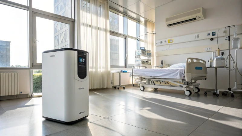 A modern hospital room featuring a high-tech air purifier