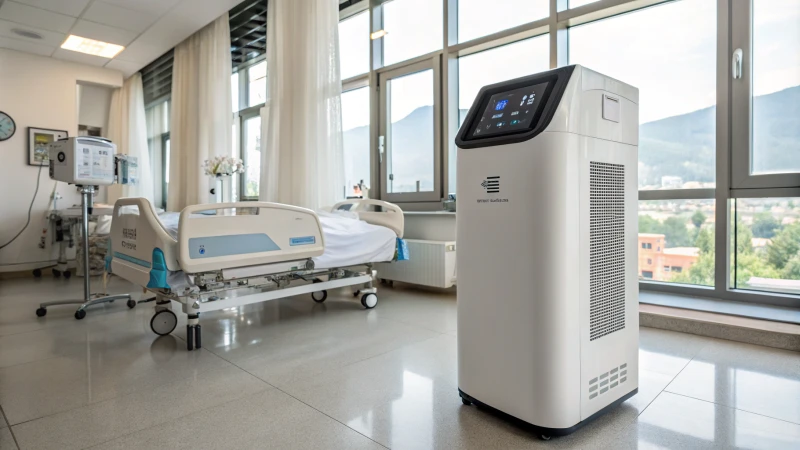 A modern hospital room with an advanced air purifier and medical equipment