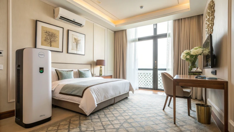 A modern hotel room with stylish decor and an air purifier