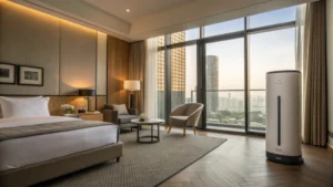 A modern hotel room showcasing a wall-mounted air purifier above a bedside table