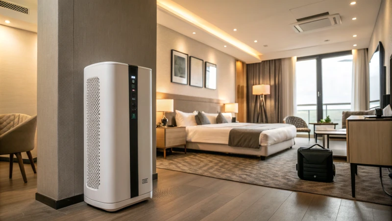 A stylish modern hotel room featuring a wall-mounted air purifier