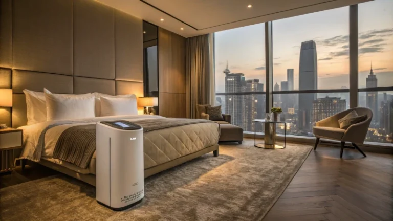 A modern hotel room with a stylish air purifier on a side table.