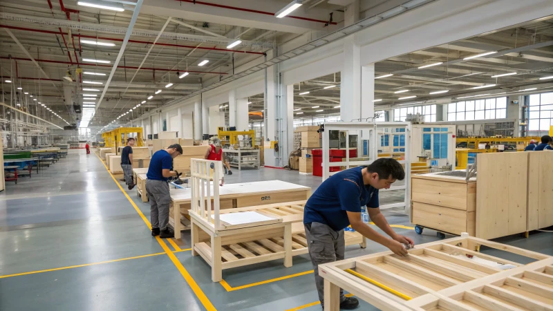 Workers assembling wooden furniture in a modern IKEA factory