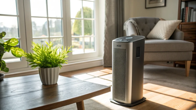 A modern ionizer air purifier in a cozy living room setting