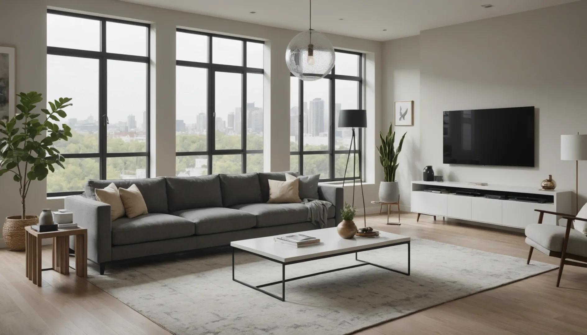 A modern living room with an air purifier and HVAC system