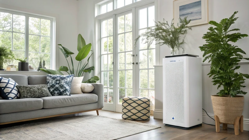 Modern living room featuring a BlueAir air purifier