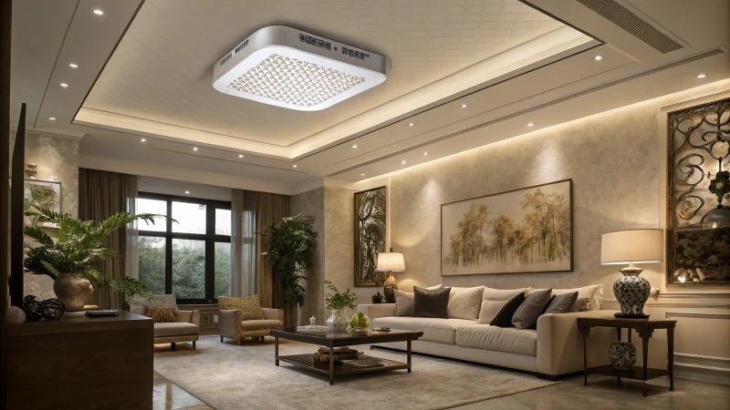 A modern living room with a ceiling air purifier and elegant decor.