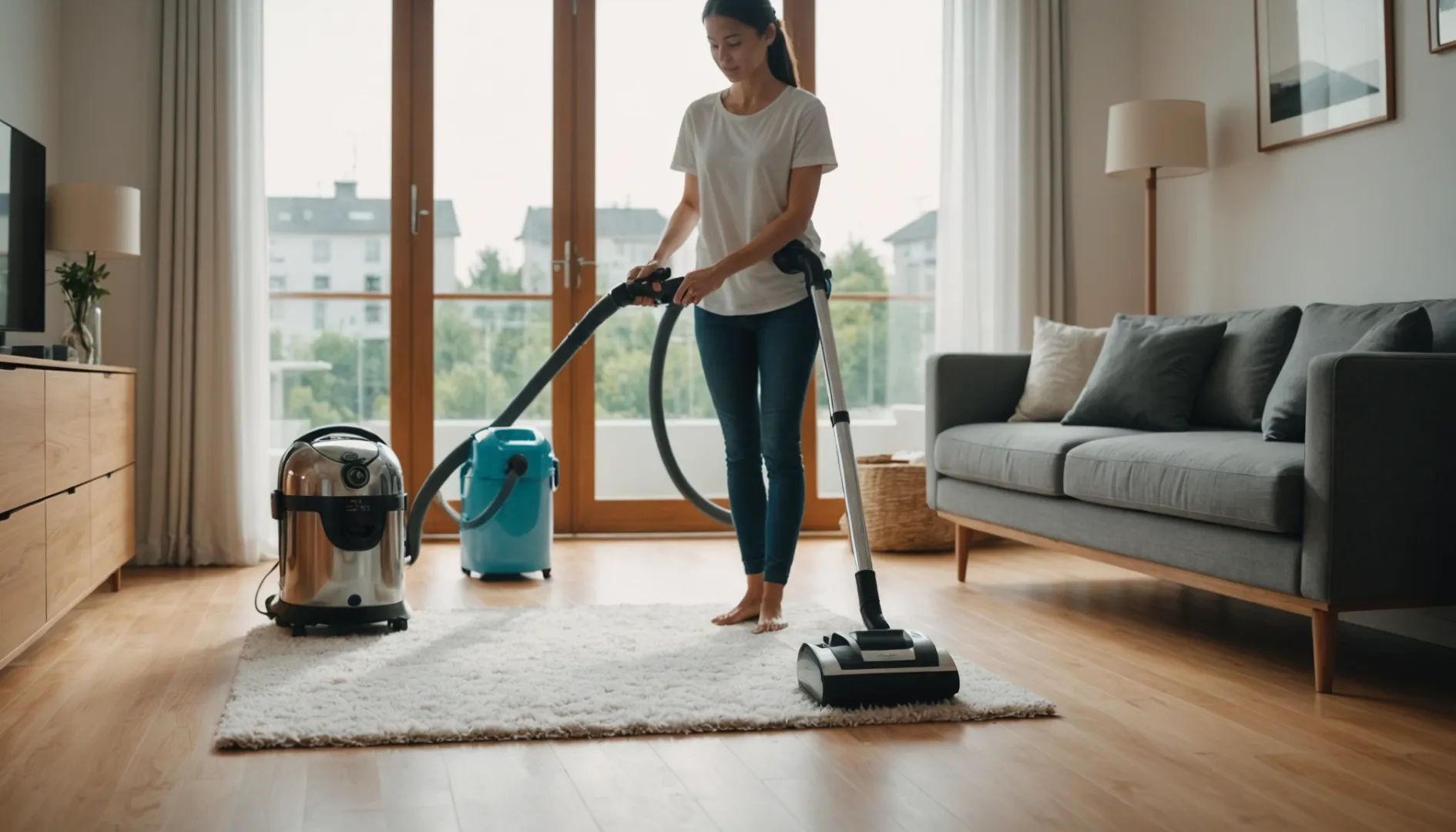 A modern living room with a person cleaning an air purifier under natural sunlight.