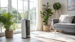 A modern living room with an air purifier and dehumidifier