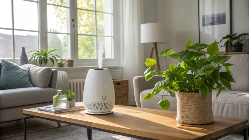 A modern living room with an air purifier and humidifier on a wooden table