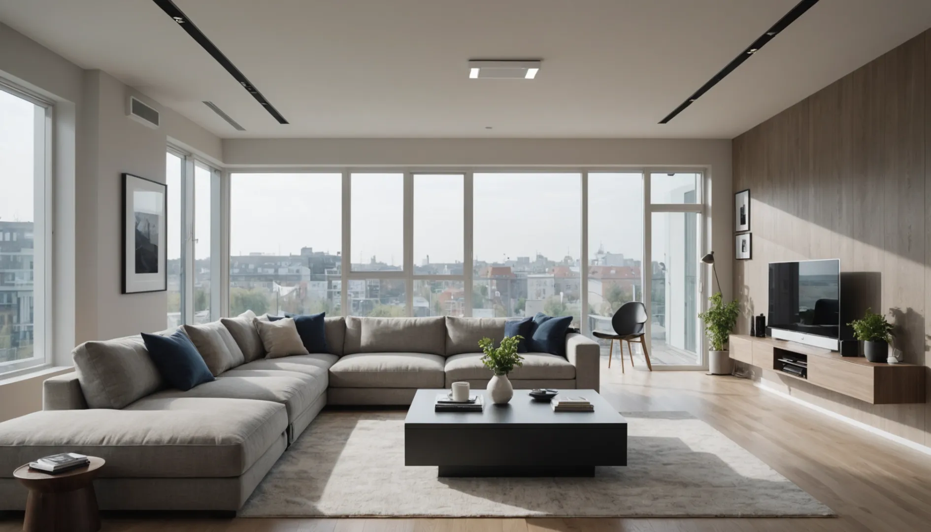 Modern living room with air purifier and HVAC vent