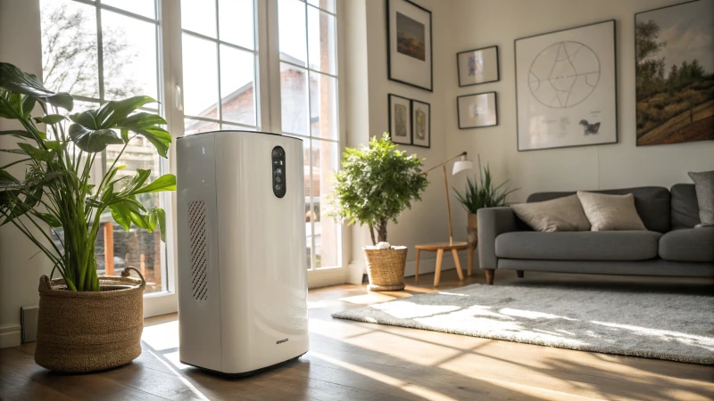 Modern living room featuring a sleek air purifier and humidifier