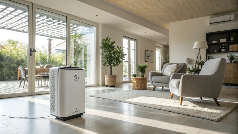 A modern living room with ceiling and portable air purifiers.