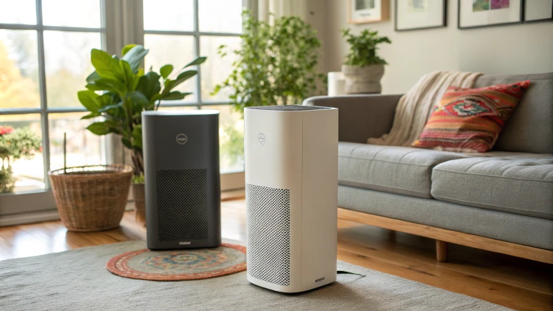 A modern living room featuring two air purifiers side by side.