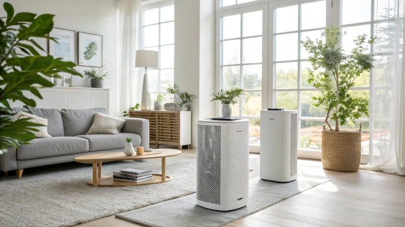 A bright modern living room with stylish air purifiers