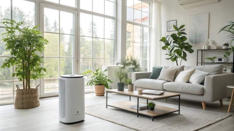 A modern living room with a BlueAir air purifier and minimalist decor.