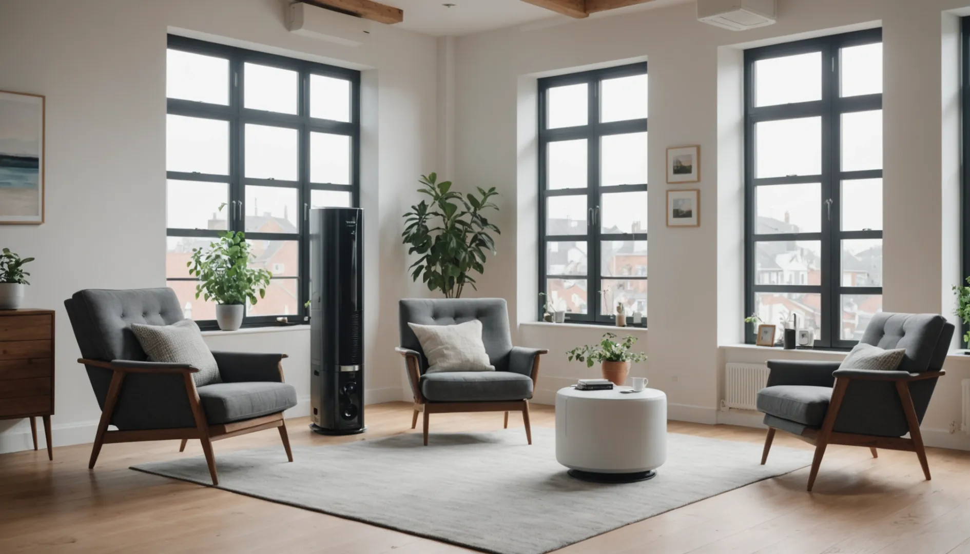 Modern living room with air purifier and HVAC vents